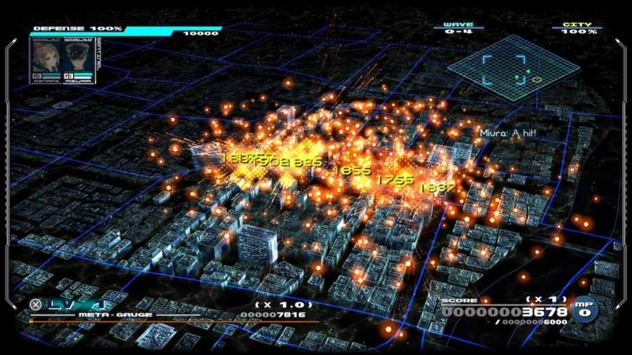 Colourful explosions litter a virtual recreation of a city, in 13 Sentinels Aegis Rim.