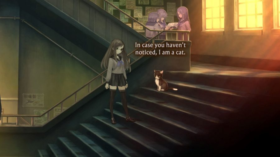 Megumi talking to a cat on the stairs in her high school, in 13 Sentinels Aegis Rim.