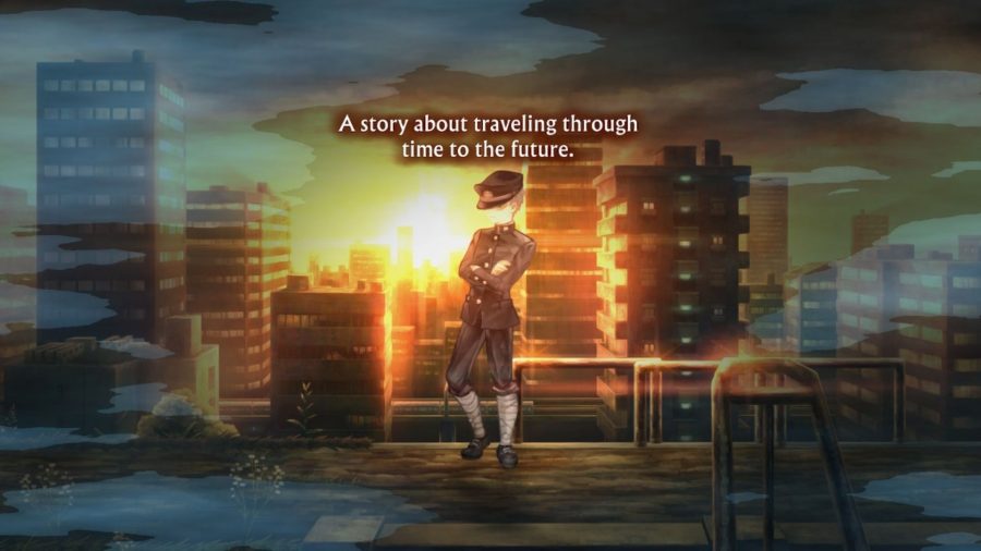 Miura considers a story about time travel, standing over a city skyline, in 13 Sentinels: Aegis Rim.