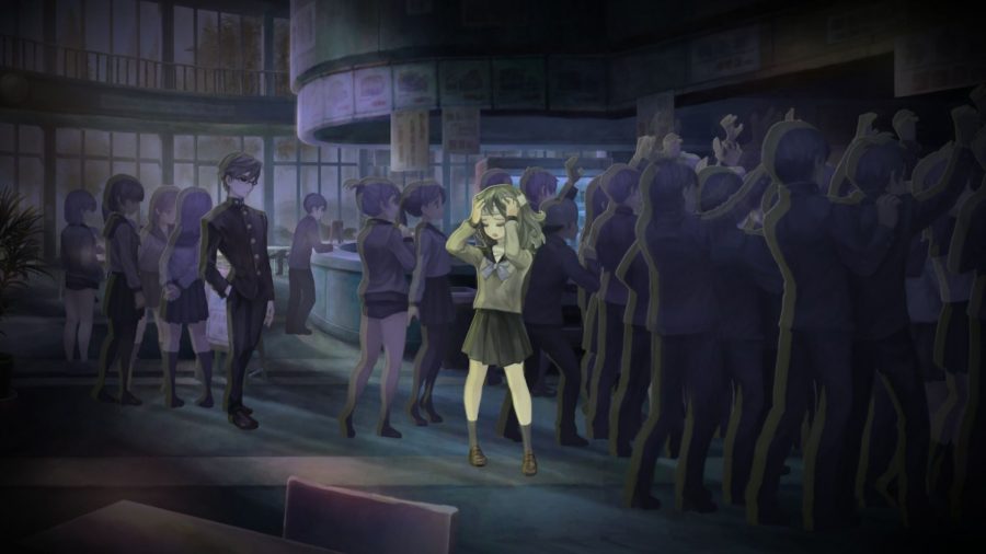 Shinonomoe clutching her head in a busy cafeteria in 13 Sentinels: Aegis Rim.