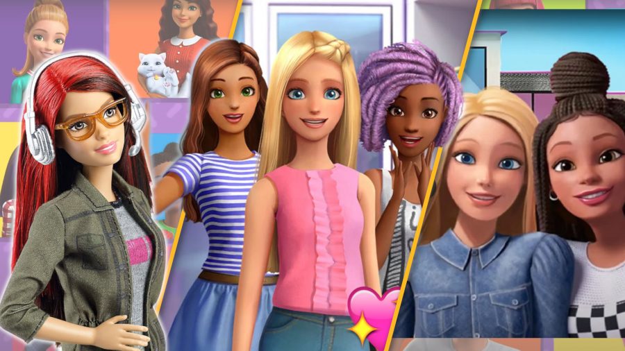 Barbie games; three panels showing game design Barbie and characters from Barbie games