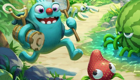 Bugsnax giveaway: Key art shows filbo chasing a Strabby with a net