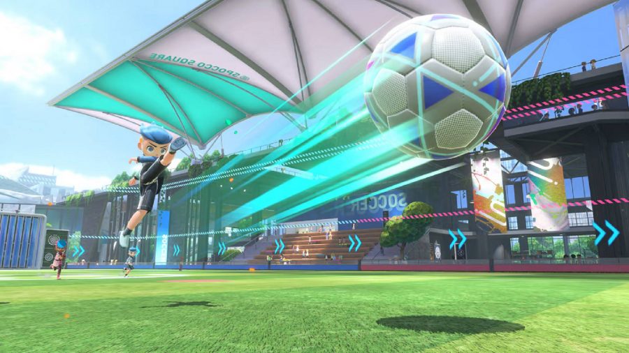 Nintendo Switch Sports review: A small character strikes a football with a kick 