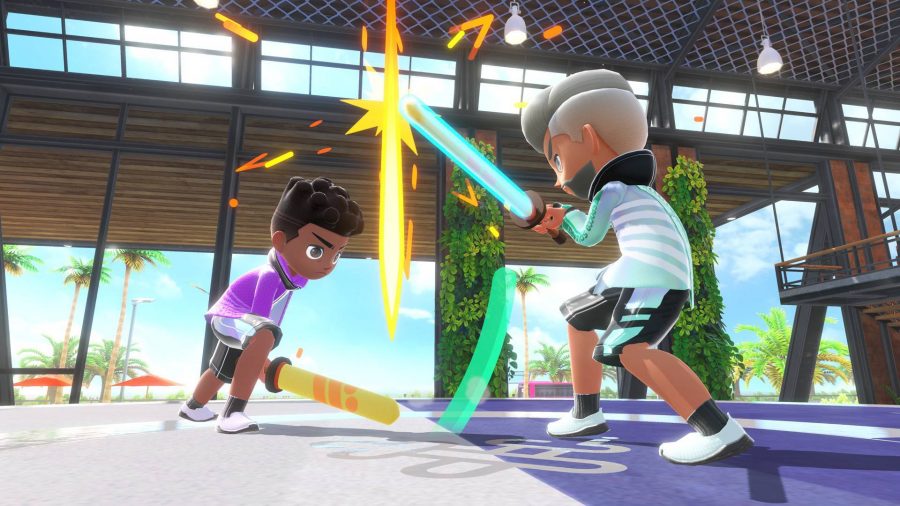 Nintendo Switch Sports review: two characters fight with foam swords 
