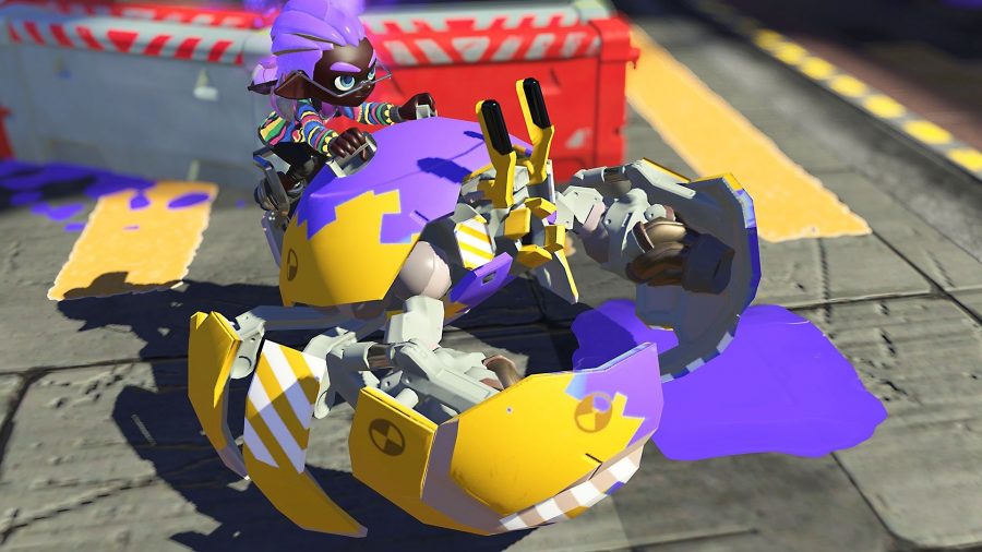 A Splatoon character in a new Splatoon 3 weapon, the crab tank, a mechanical crab shaped vehicle.