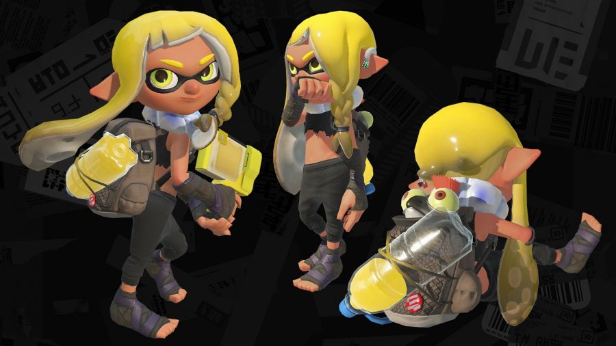 A Splatoon 3 character in three poses, one sat down, with a rucksack with a bottle full of ink strapped to it, holding a weapon.