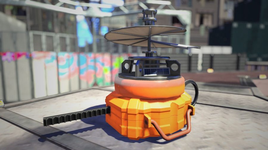 The Big Bubbler, a Splatoon 3 weapon, that looks like a Roomba with an umbrella on top.  It is orange.
