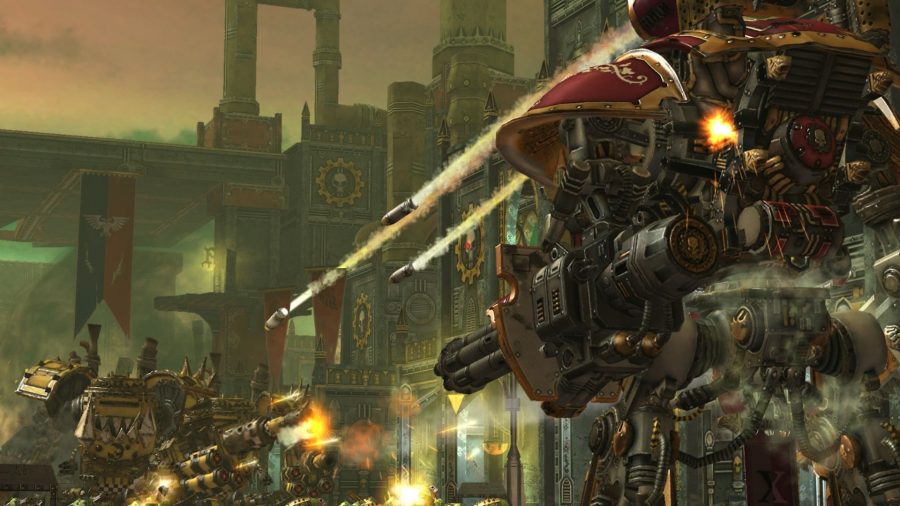 An Imperial Knight from Warhammer Freeblade shooting rockets in a steampunk-style city.