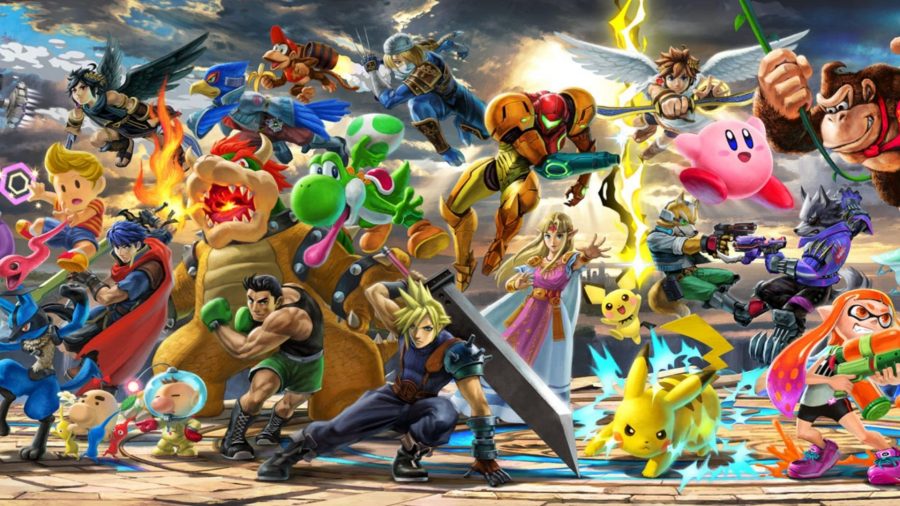 Numerous characters from Super Smash Bros Ultimate in art for the game. Most prominently Cloud, doing a pose, Yoshi, jumping and sticking his tongue out, and Pikachu emanating electricity.