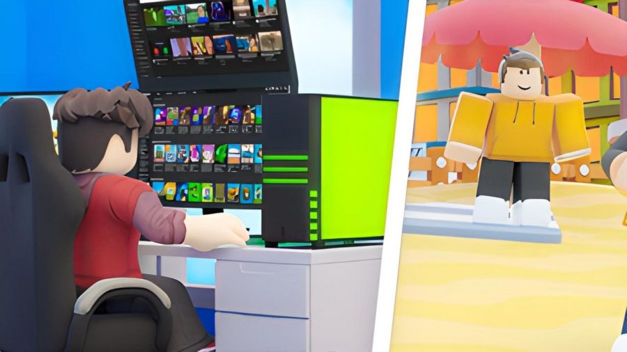 A Roblox character sat in from of a computer looking at a cartoony recreation of YouTube