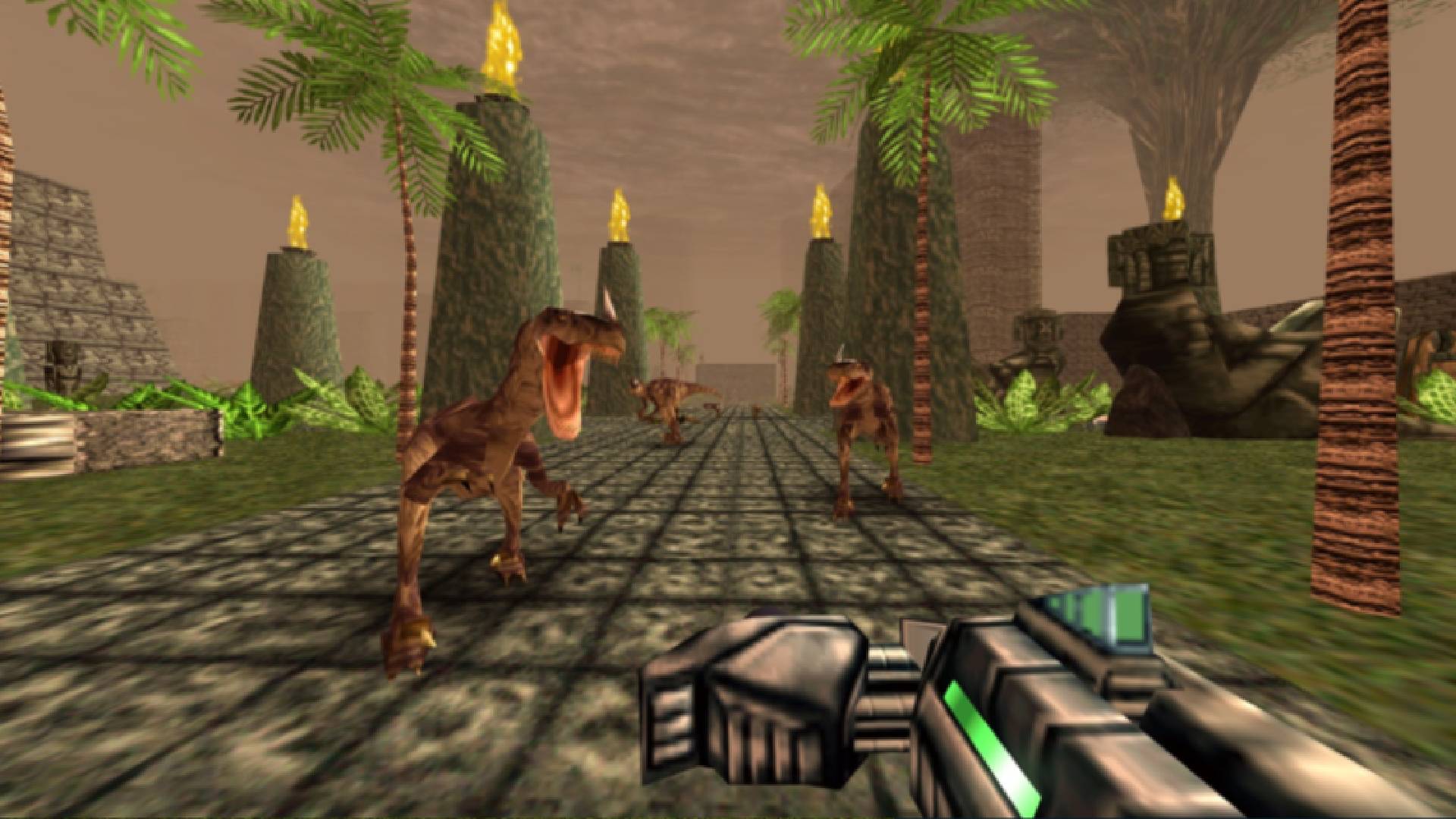 best dinosaur games: a FPS view shows a player facing dinosaurs with a gun 