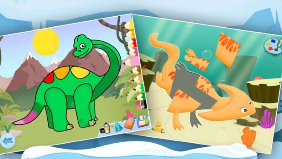 best dinosaur games: dinosaurs are shown as part of a childr5ens colouring pad 