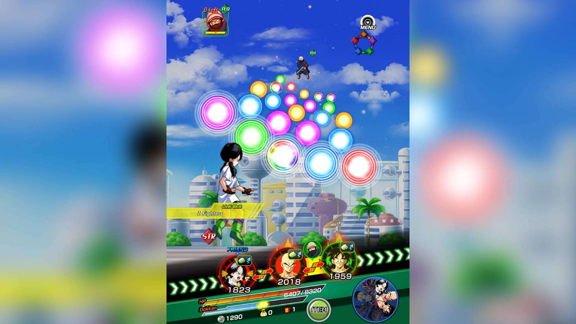 Best Dragon Ball games: a screenshot is shown from dragon Ball Dokkan Battle with Videl shown attacking floating orbs