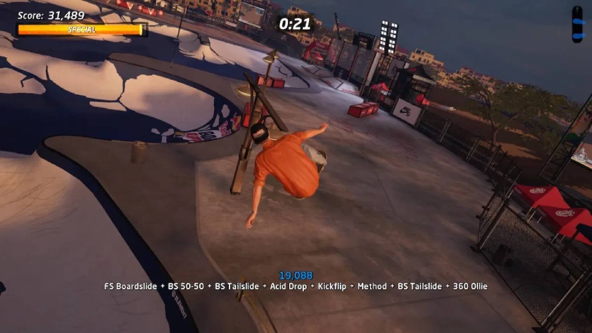 Best skateboarding games: A person in an orange shirt jumps out of a pool on a skatebaord
