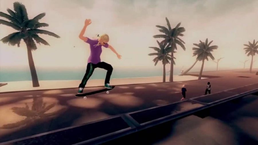 Best skateboarding games: a 2D scene shows someone skateboarding on a sunset lit beach 