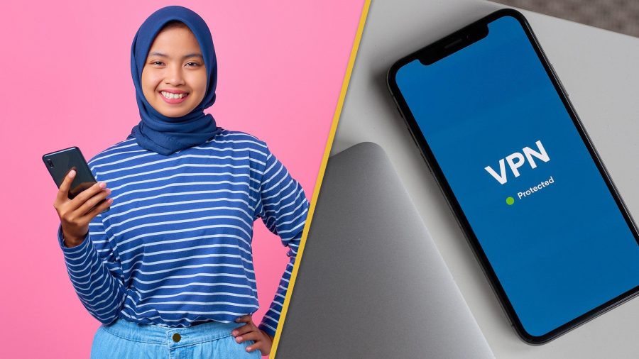 Best VPN for Android images: one on the left shows a person holding a phone and smiling in front of a pink background, the one on the right shows a phone on a table with VPN protection on screen.