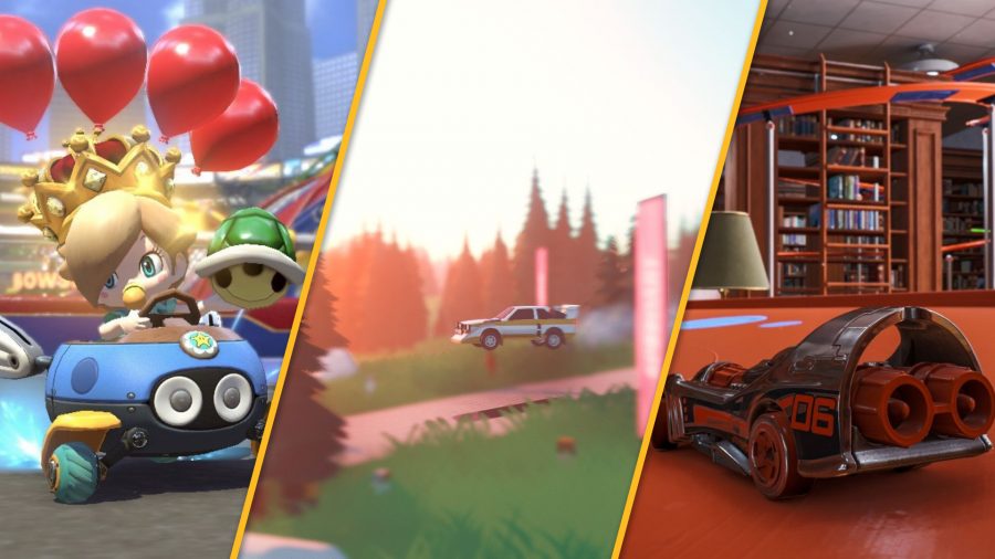 Three pictures of car games. On the left, Rosalina drifting in Mario Kart 8 Deluxe. On the right, a hot wheels car drifting around a hot wheels track in Hot Wheels Unleashed. In the middle, a rally car jumping over a hill in art of rally.