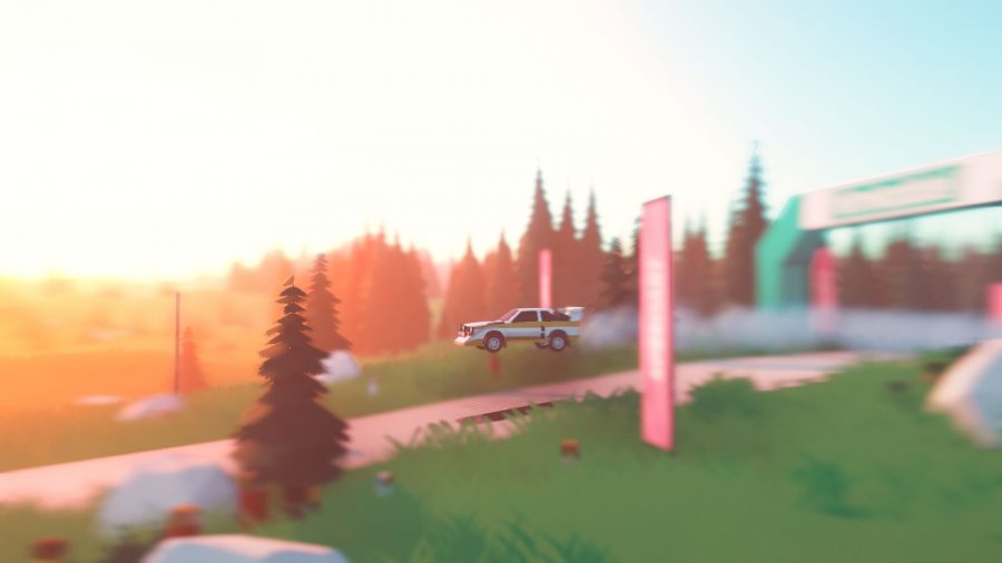 A car jumps over a hill on a rally circuit, as the sun is just setting, in one of the many car games Art of rally.