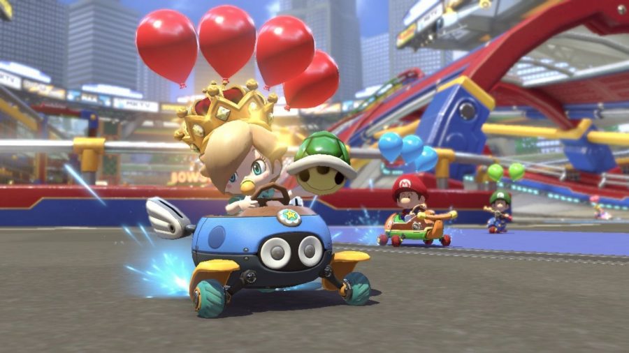 Baby Rosalina drifts in a baby car around baby park looking like a big baby, in one of the many car games Mario Kart 8 Deluxe