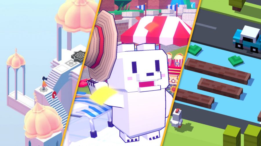 Custom header using screenshots from casual games Monument Valley 2, Zookeeper World, and Crossy Road