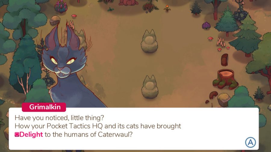 Grimalkin from Cat Cafe Manager telling the player about Delight and the Shrine