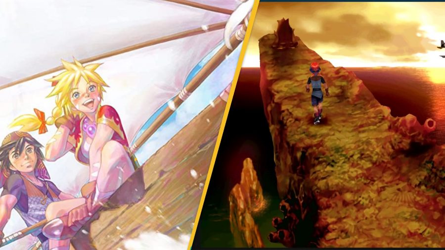 Chrono Cross pre-order images spliced together - the one on the left shows the main characters on a boat, as seen in the official artwork for the game, the one on the right shows a screenshot of a person standing by a grave on a cliff in-game.
