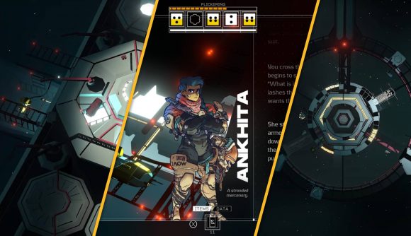 Citizen Sleeper release date: Three screenshots show a space station floating in space, a docked spacecraft, and a character dialogue menu