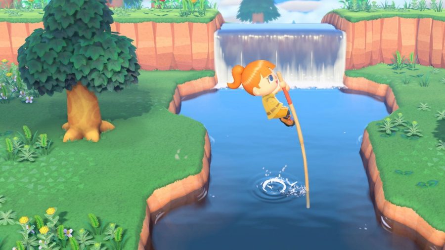 A character from Animal Crossing: New Horizons jumping over a river.