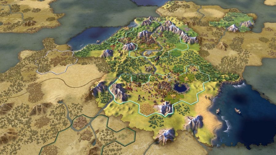 A screenshot from Civilization VI, showing a large landscape split into hexagons.