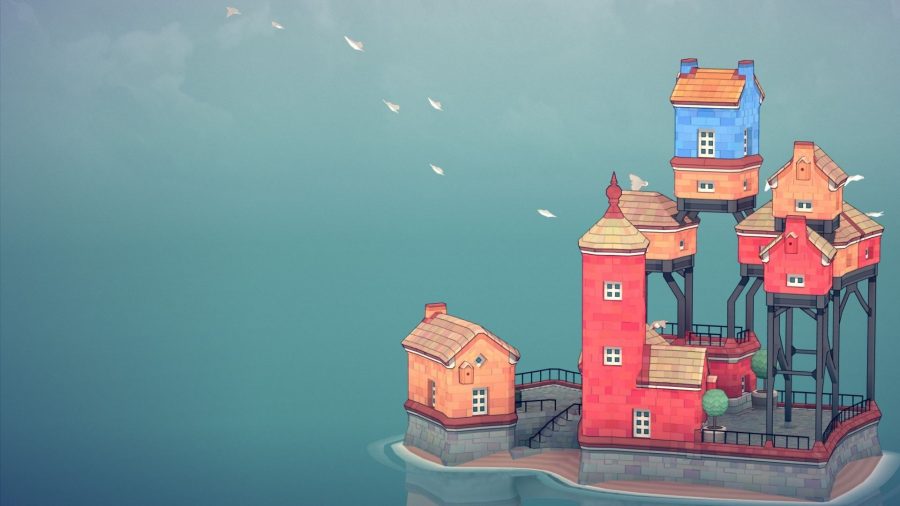 A screenshot from Townscaper, showing some buildings all alone in the middle of an ocean.