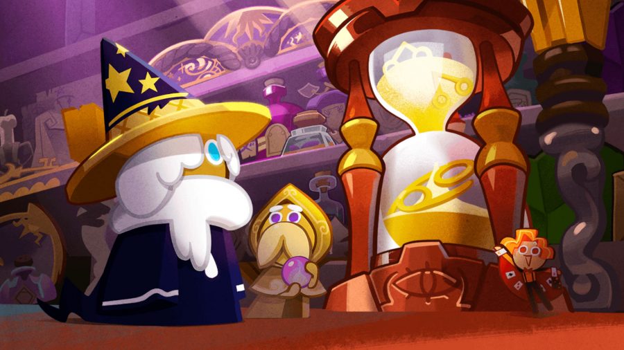 A wizard cookie looking at an hourglass