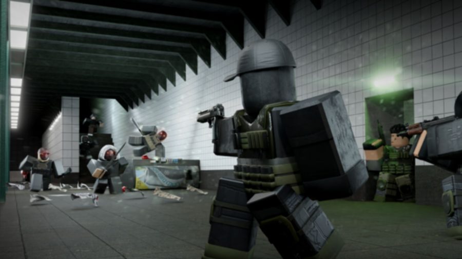 Two Roblox characters shoot it out in a subway in Criminality.