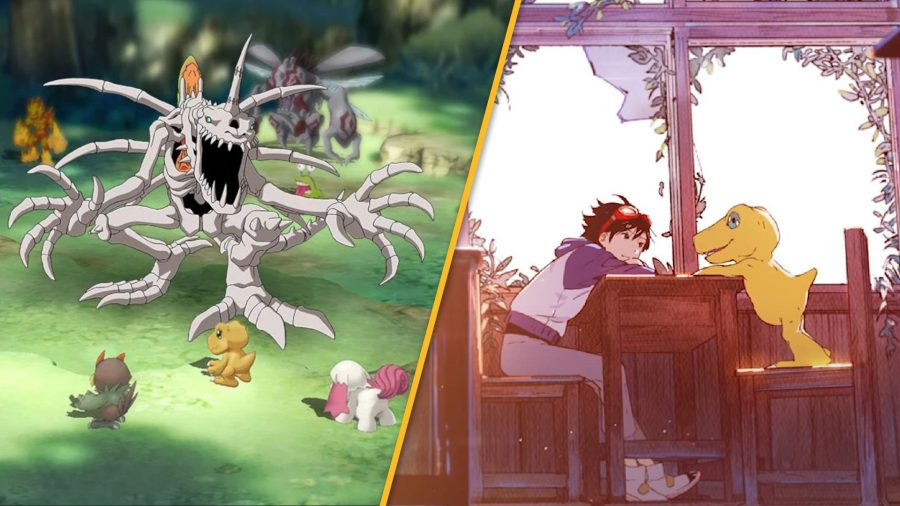 A screenshot from Digimon Survive next to a boy and his Agumon