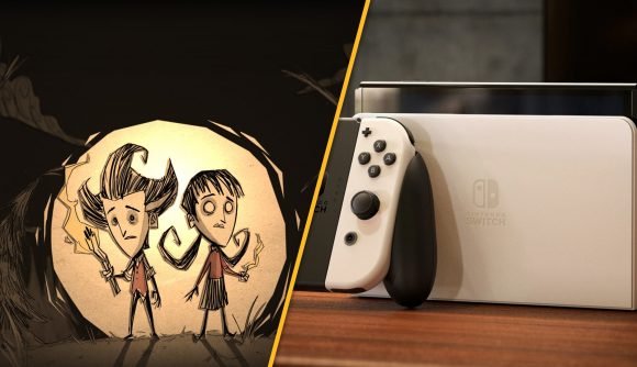 On the left, two characters from Don't Starve. On the right, a Switch OLED model in docked mode.