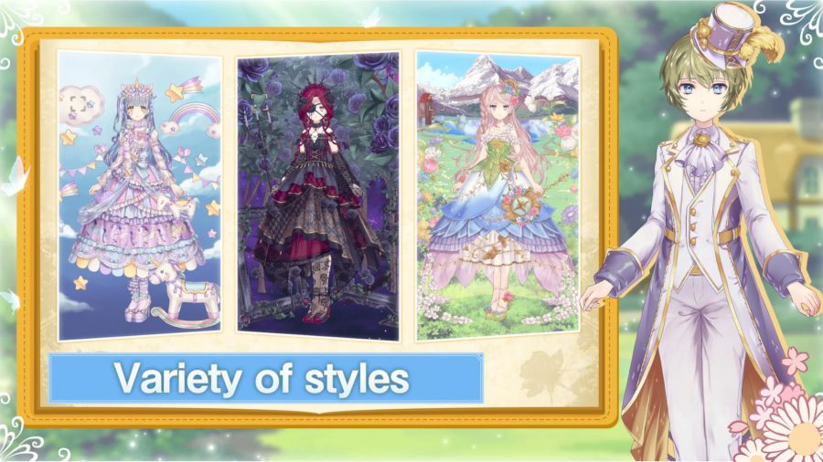 Vlinder garden dress up game screenshot showing three outfits