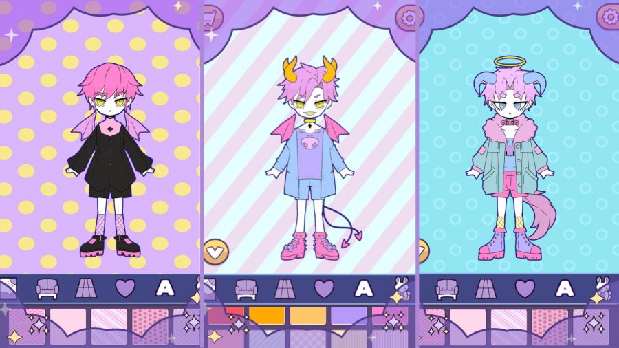 Three screenshots of characters from the Batdoll dress up game