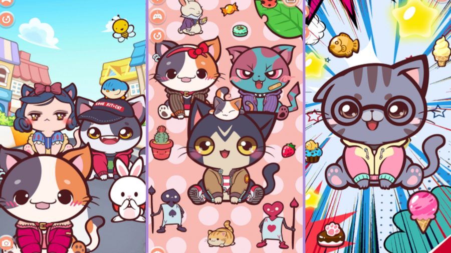 Three scenes from Kitty Fashion Star dress up game showing cats in different outfits