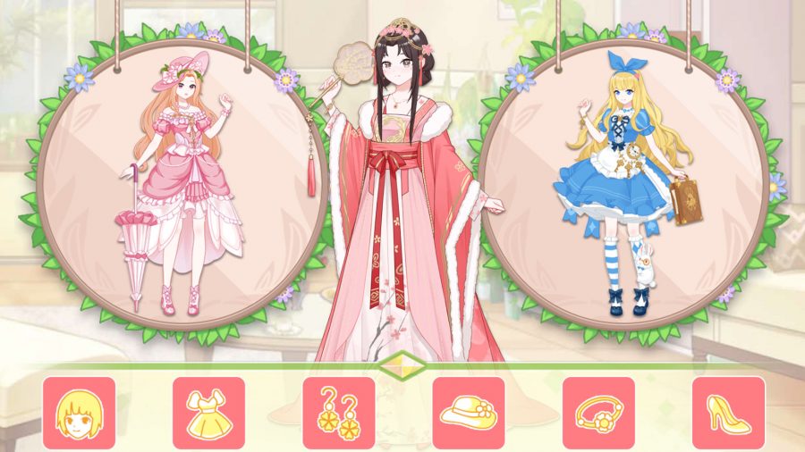 Vlinder garden dress up game screenshot showing three outfits