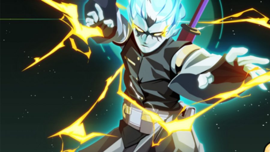A character from Shindo Life, weilding lighting with his hands, hair glowing blue, eyes glowing yellow, wearing a black outfit, with a sword on his back.