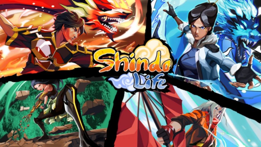 The Shindo Life logo in the middle, surrounded by four characters, one red, one blue, one brown, one green, swirling magical energy around with their hands.