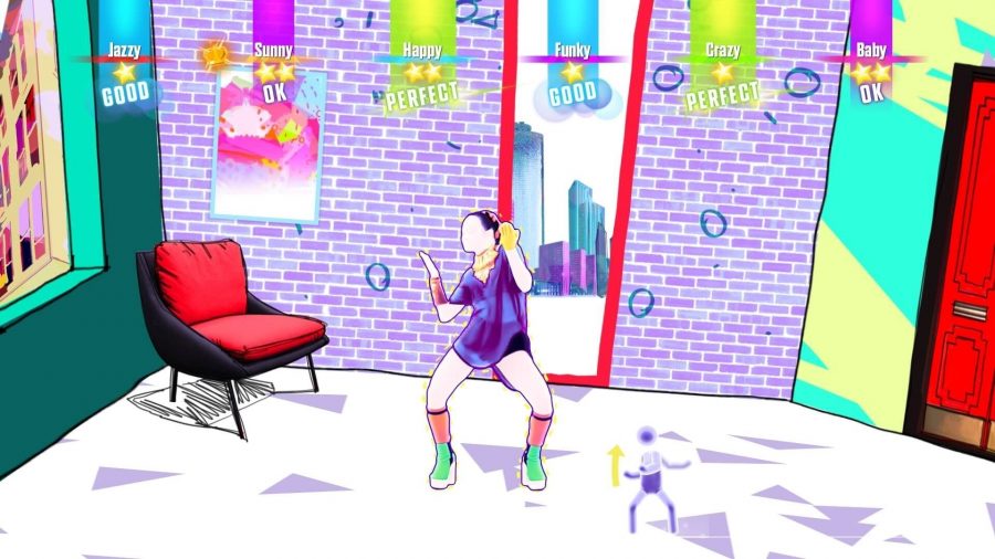 Uma captura de tela de um dos muitos jogos de dança, Just Dance 2017, mostrando um desenho animado dançando ao lado de uma cadeira e um espelho