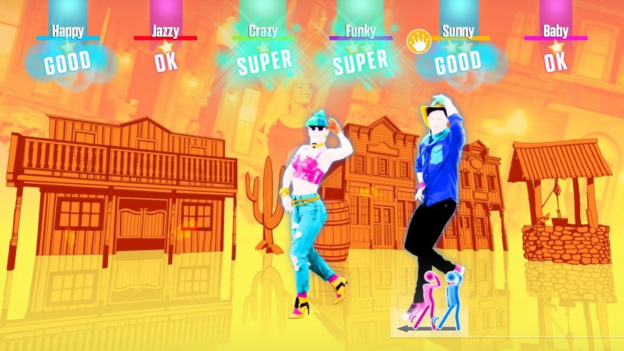 Una captura de pantalla de uno de los muchos juegos de baile Just, Just Dance 2018, que muestra a dos humanos de dibujos animados bailando frente a los antiguos edificios del salvaje oeste