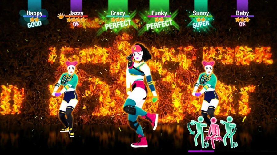 Uma captura de tela de um dos muitos jogos de dança, Just Dance 2022, mostrando três humanos de desenhos animados dançando na frente de um fundo ardente
