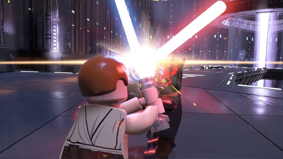Obi Wan Kenobi and Darth Maul clashing in Lego Star Wars: The Skywalker Saga.