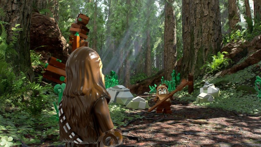 Chewie and an Ewok stood in a forest
