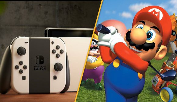 Nintendo Switch Online Mario Golf: An advertisement shot shows a pristine looking OLED Switch, next to key art from Mario Golf that shows Mario taking a swing with a golf club