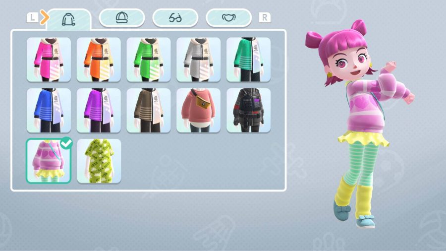 Nintendo Switch Sports review: a character customisation screen is shown with different outfits 
