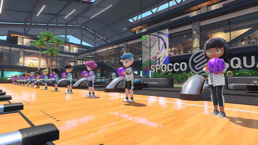 Nintendo Switch Sports review: several character prepare to play bowling 