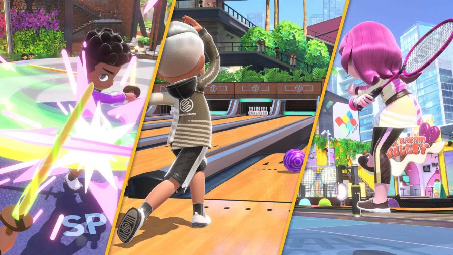 Nintendo Switch Sports review: screenshots show several different characters playing Switch Sports like bowling, tennis, and chambara
