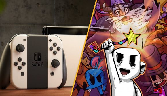 Nobody Saves The World giveaway: A Nintendo Switch is shown next to key art from the game Nobody Saves The World